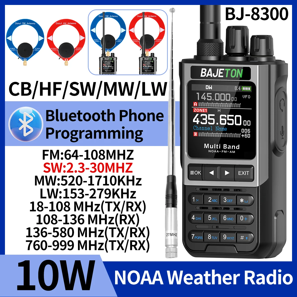 BAJETON BJ-8300 Radioaficionado SW AM SSB CB Amateur inalámbrico Bluetooth programación de teléfono Walkie Talkie NOAA Radio bidireccional portátil