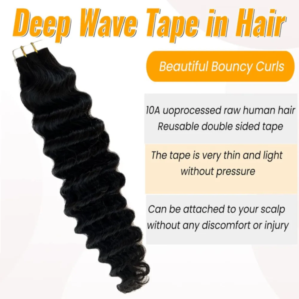 เทปต่อผมมนุษย์ผม Deep Wave ที่มองไม่เห็นบราซิล 100% ผมมนุษย์ธรรมชาติ Curly เทป Ins Extensions 16-26 นิ้ว