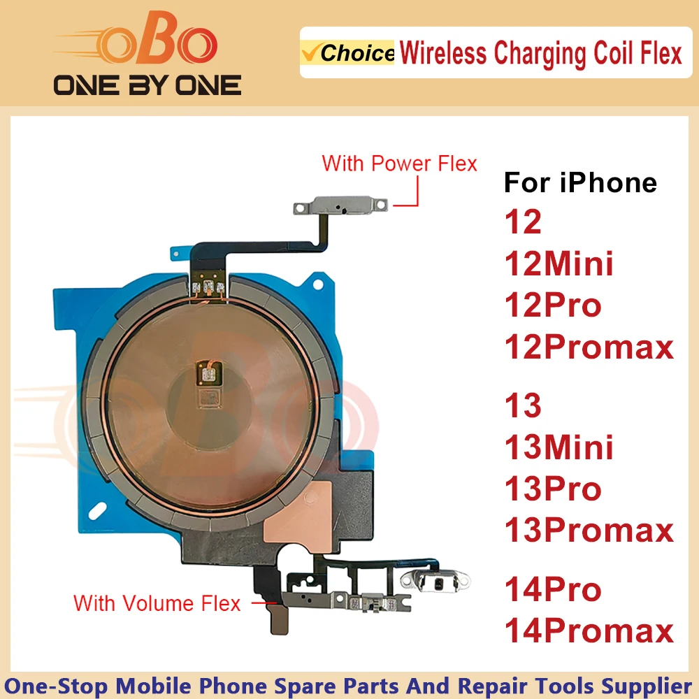 Kabelloser Ladespulenaufkleber mit Power-Lautstärke-Flexkabel für iPhone 12 13 Mini 14 Pro Max Reparatur des kabellosen Ladegeräts (1 Stück)