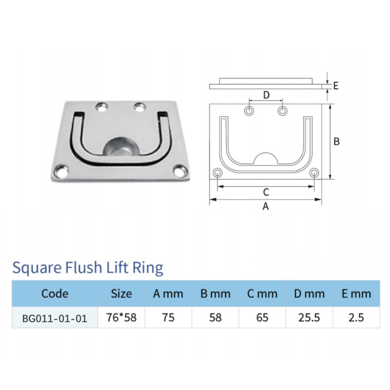 ステンレス鋼のボートデッキハンドルプル正方形のフラッシュ、ボートマリンロッカー用のリフトリング、76*58
