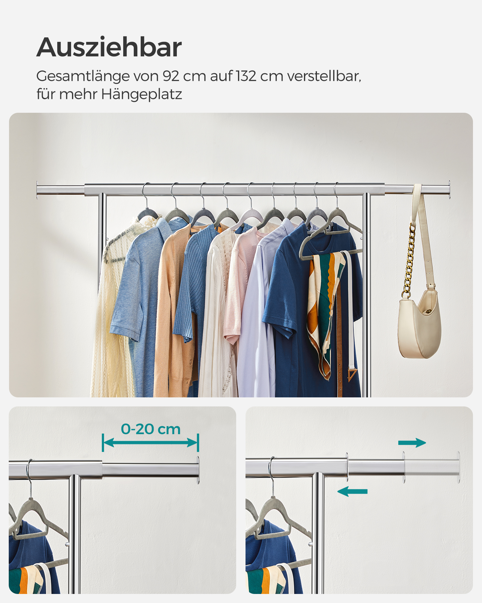 SONGMICS Kleiderständer auf Rollen, Schwerlast-Garderobenständer, ausziehbare Kleiderstange, bis 100 kg belastbar