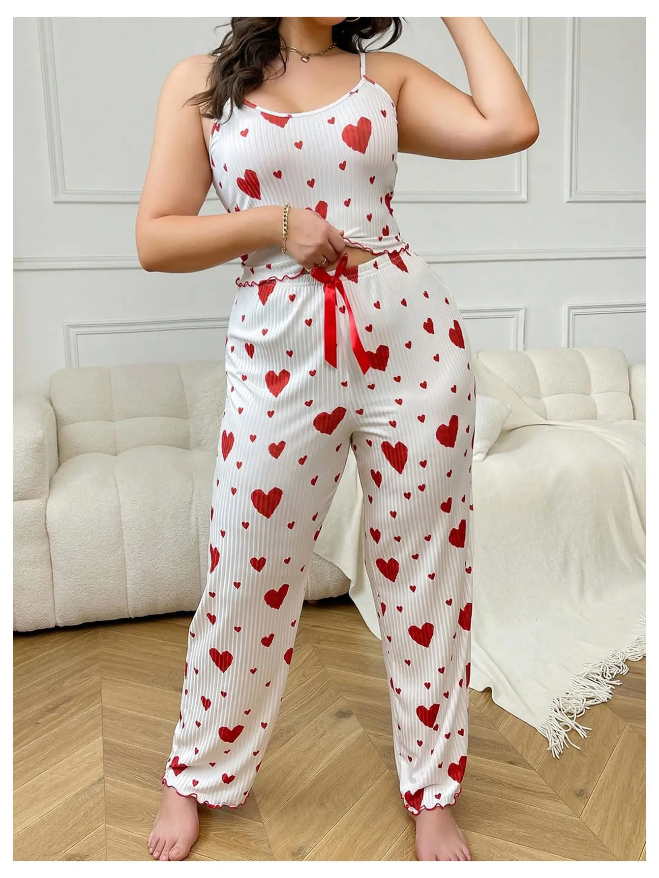 Conjunto de pijamas femininos plus size, 2 peças, colete sem mangas e calças, branco, macio, respirável, roupa de dormir casual, estampa de coração vermelho