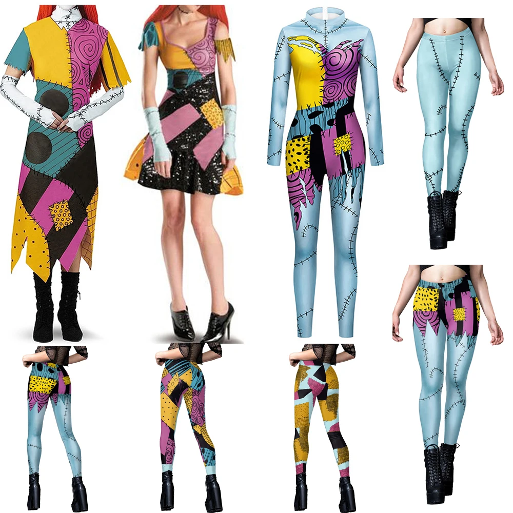Halloween Anime película Sally Cosplay vestido conjunto de fiesta disfraz Navidad mujer mono ajustado Catsuit Zentai mono gótico Leggins