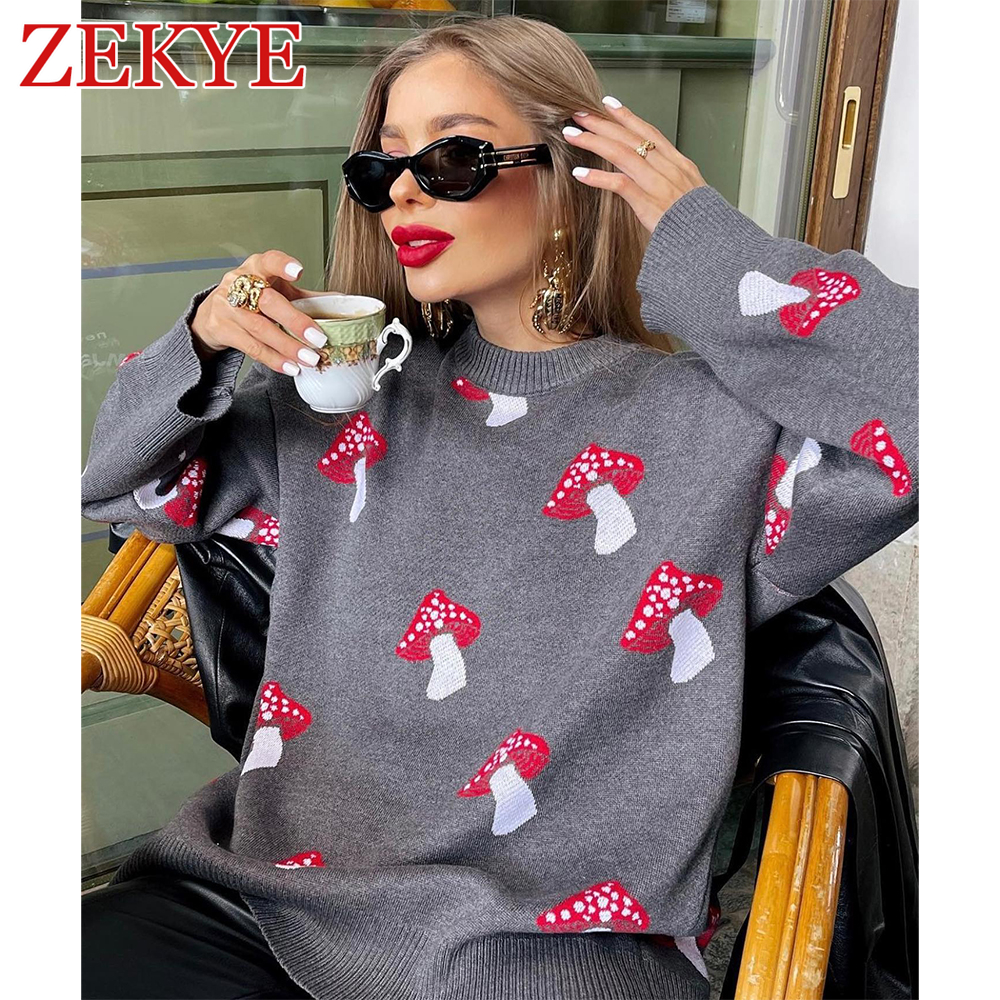 Zekye-suéteres negros con gráfico de setas para mujer, prendas de punto holgadas de manga larga para invierno, prendas de vestir básicas informales, jersey elegante de otoño