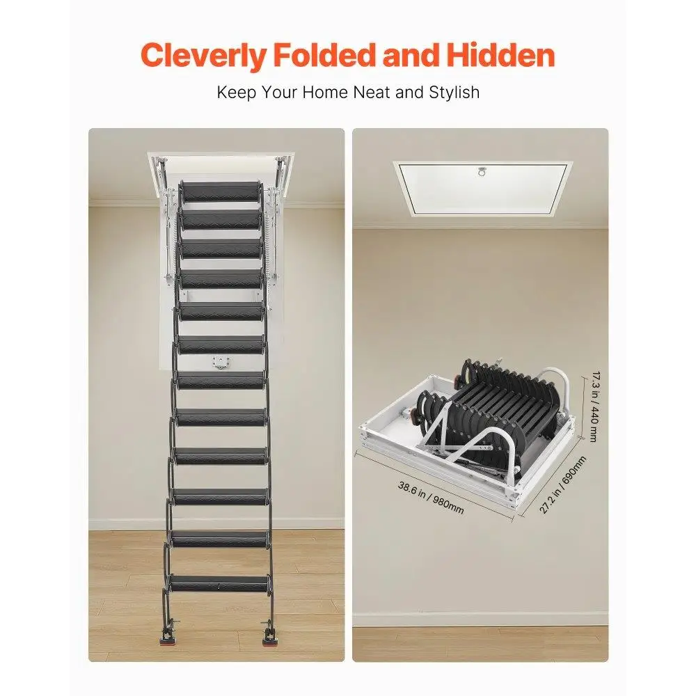 Steel Ceiling Mounted Attic Ladder for 10 .5 to 11 ft Ceilings Folding Access Stairs Space Saving Design Heavy Duty