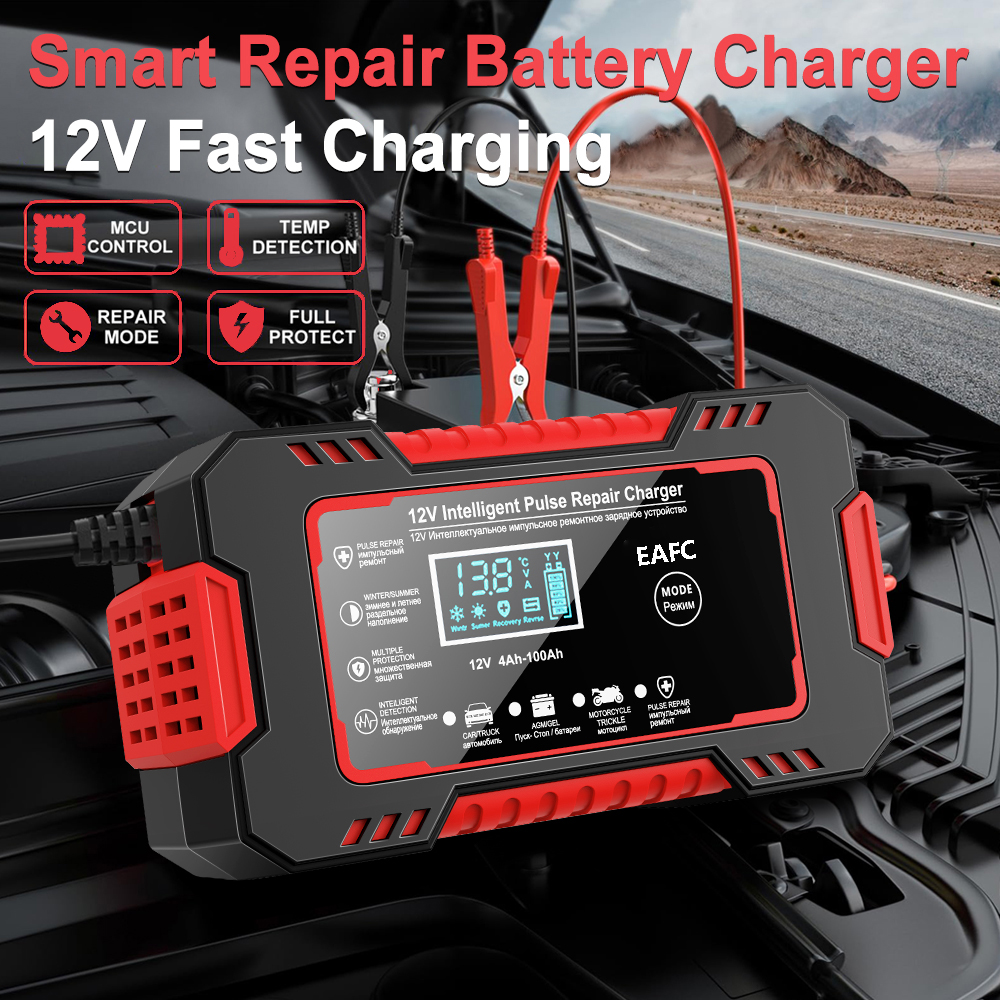 Cargador de batería de coche 12V 6A reparación de pulso pantalla LCD carga rápida inteligente AGM cargador de plomo-ácido de GEL de ciclo profundo para motocicleta automática