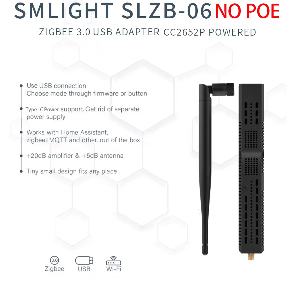 Adaptador USB y WiFi sin soporte PoE.,SMLIGHT SLZB-06-A Zigbee 3.0 a Ethernet, funciona con Zigbee2MQTT, Home Assistant, ZHA