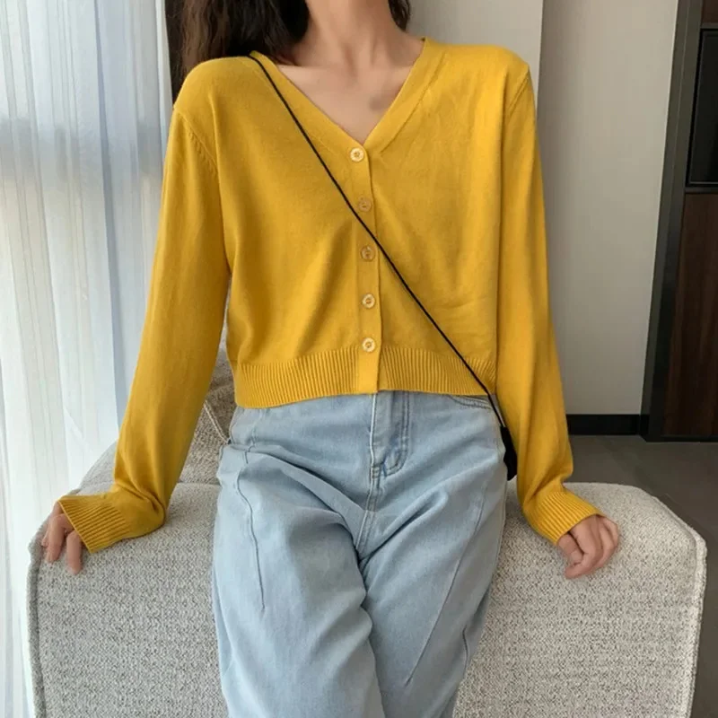 Frauen Langarm Abgeschnitten Strickjacke V-ausschnitt Button-Down-Stricken Dame Herbst Frühling Gestrickte einreiher Strickjacke Pullover