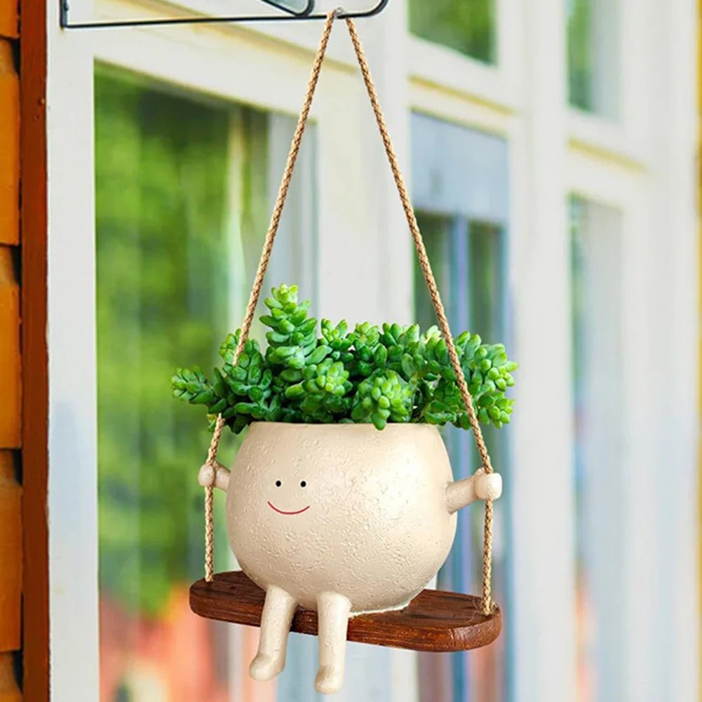 Resin Cartoon Swing Wall Hanging Flowerpot - Creative Head Planter for Home Garden Patio Decor, Multifunctional Outdoor Planters