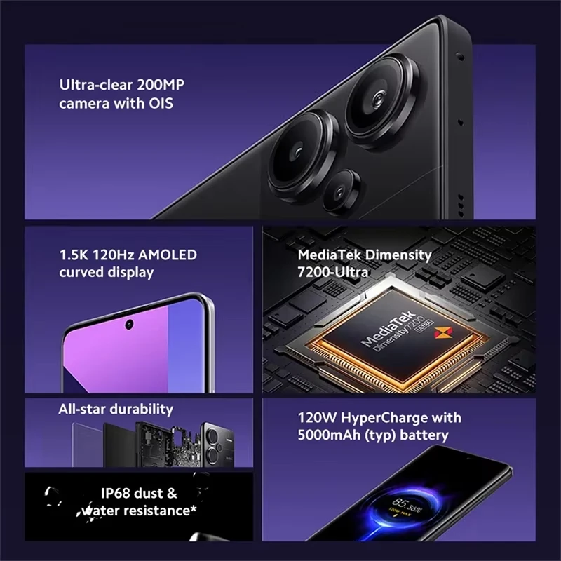 Versión Global Xiaomi Redmi Note 13 Pro Plus 5G MediaTek Dimensity 7200-Ultra 200MP OIS Cámara 5000mAh 120W NFC IP68 Impermeable