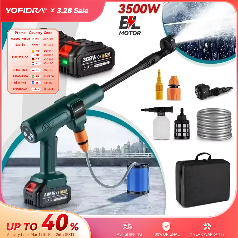 Yofidar 200bar 3500w sem escova elétrica lavadora de alta pressão 6-em-1 pistola de água do jardim de lavagem de carro para makita 18v bateria pistola