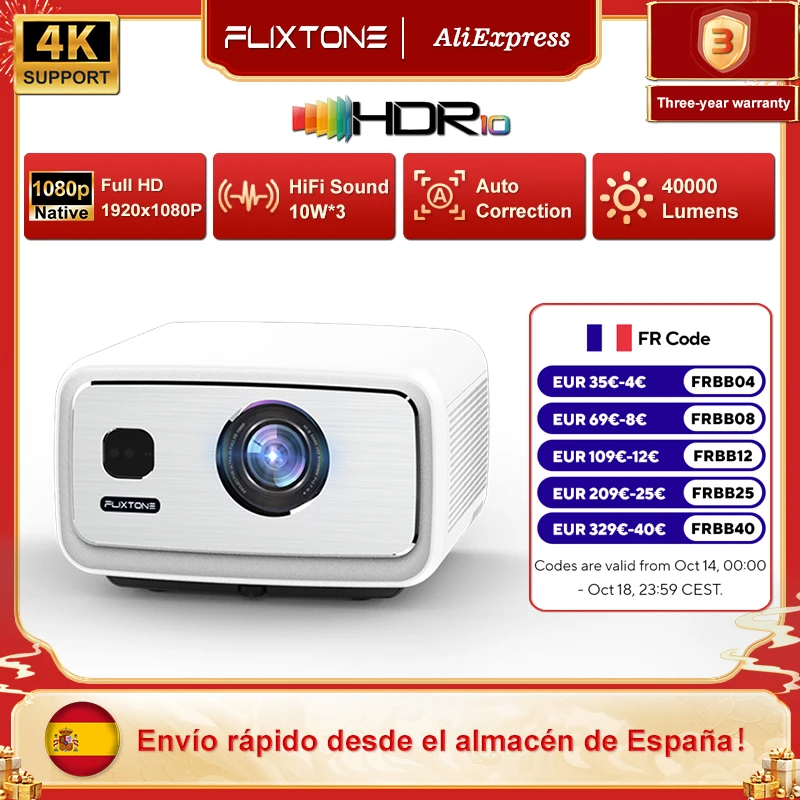 Projecteur FlixTone D9W Ultra 3000 ANSI Full HD 1080P pour films Android WiFi 6 projecteur de faisceau de cinéma maison pour vidéo extérieure proyectores en España