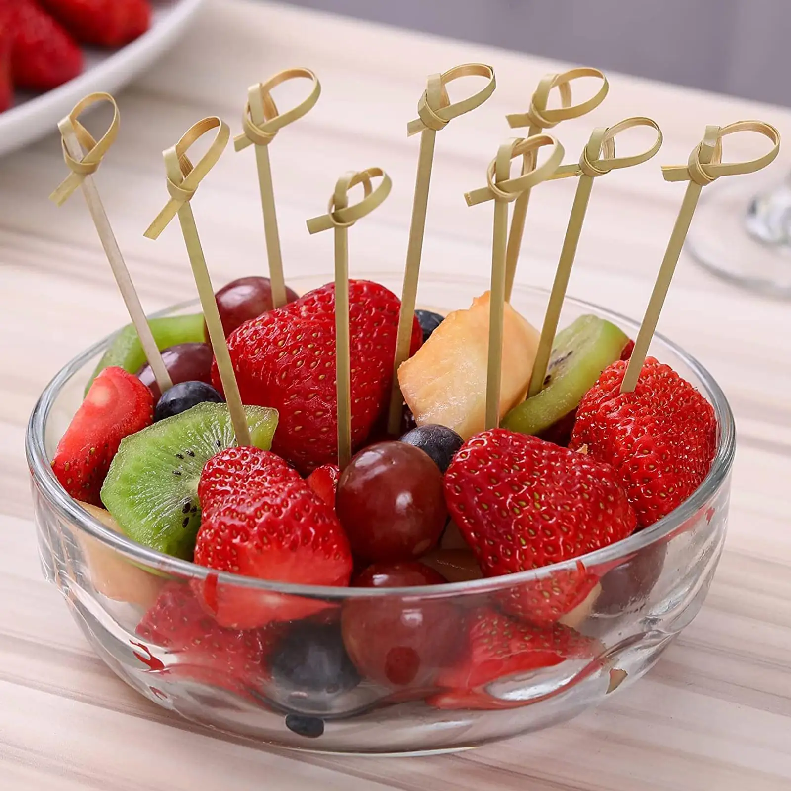 100pcs Disposable Bamboo Knot Skewers Cocktail Picks with Twisted Ends for Snacks Club Sandwiches Party Barbeque forks