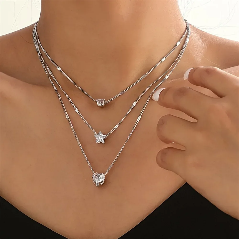 3 pezzi/set collana vintage con ciondolo a forma di cuore con strass lucidi per le donne, semplice multistrato, catena sottile, girocollo, gioielli da sposa