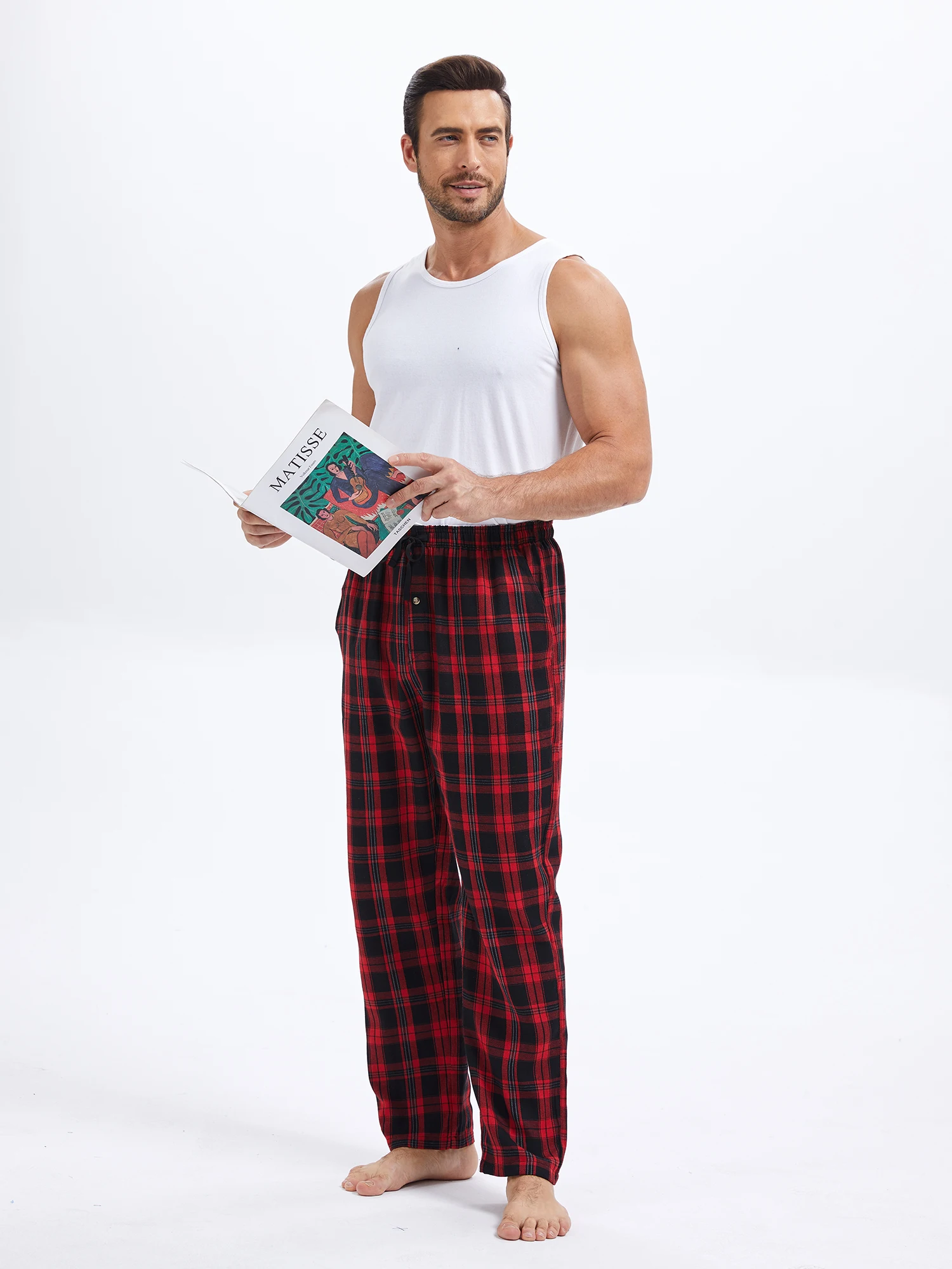 Summer Men's 100% Cotton Plaid Pajama Sleeping Pants, Breathable Long Pajama Pants with Elastic Waist for Homewear Outdoor