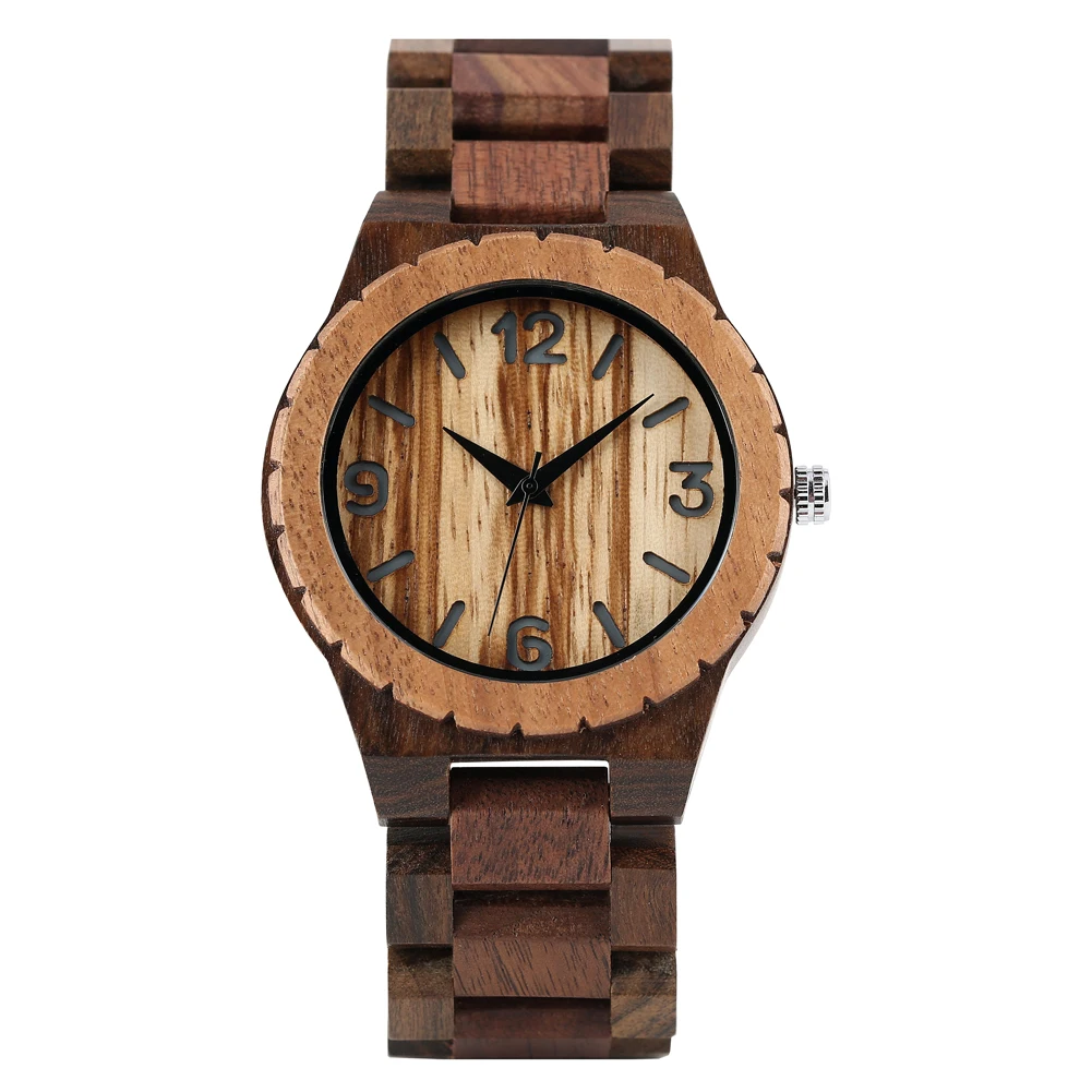 Jam tangan kuarsa kayu kenari coklat kopi jam tangan pria angka Arab Dial Vintage bergaya pria gelang kayu hadiah jam tangan