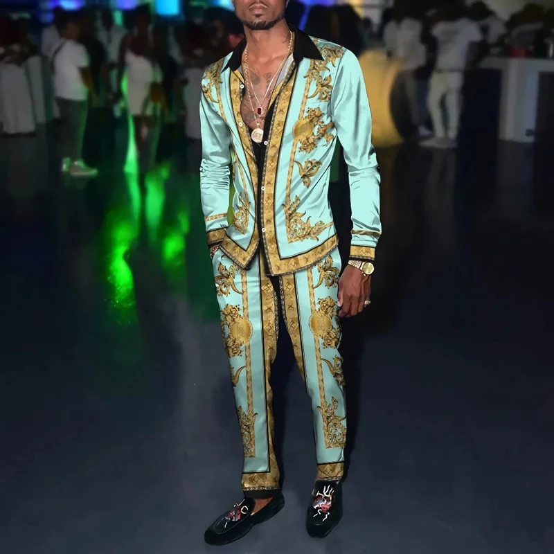 Trajes de camisa con estampado 3D para hombre, conjunto de dos piezas, camisa de manga larga con solapa transpirable, pantalones largos, moda Retro Harajuku
