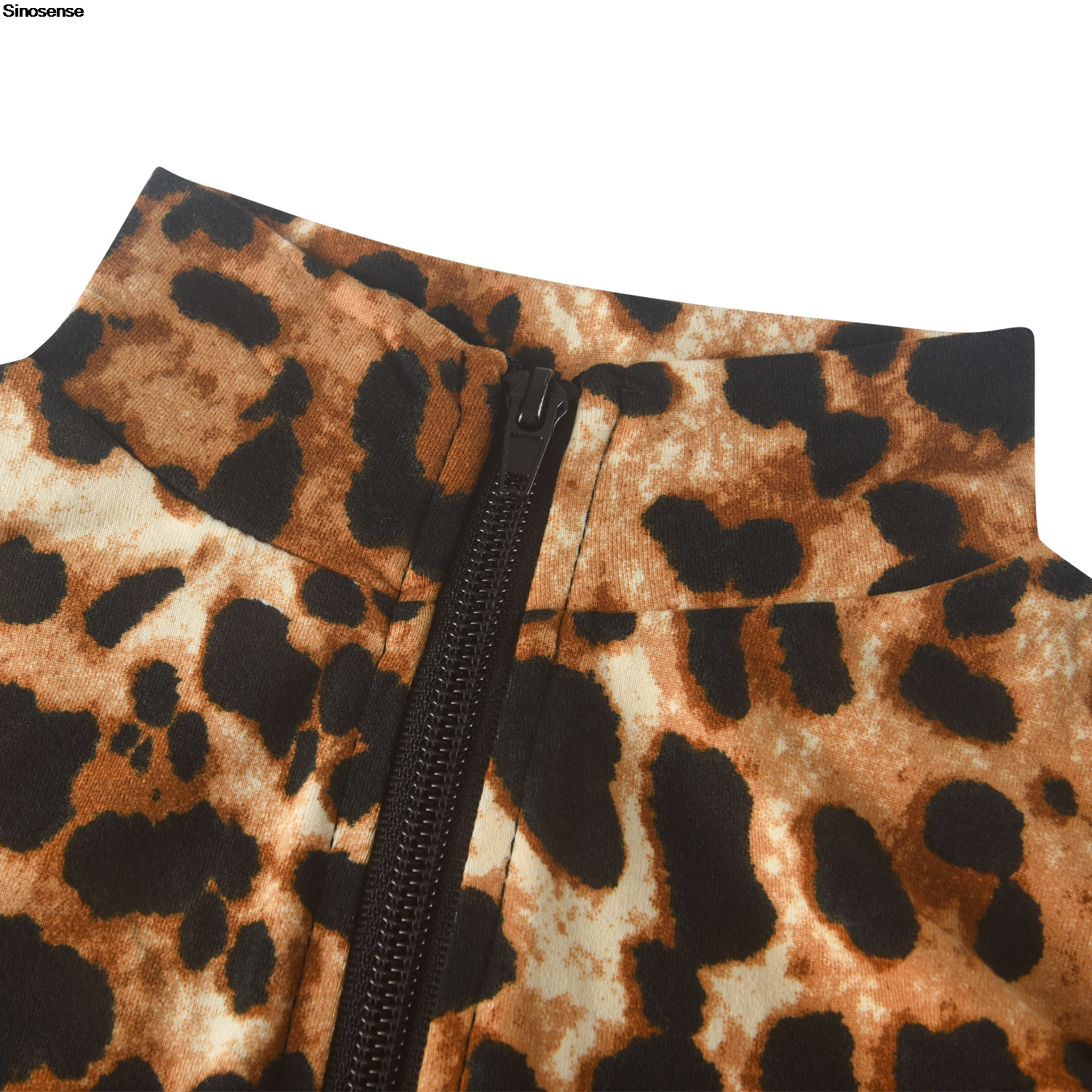 ผู้หญิงเสือดาวพิมพ์ One Piece ออกกําลังกาย Jumpsuits คอยาวแขนยาว Zip Up Zip Up Romper SEXY Night Out Club PARTY ชุด