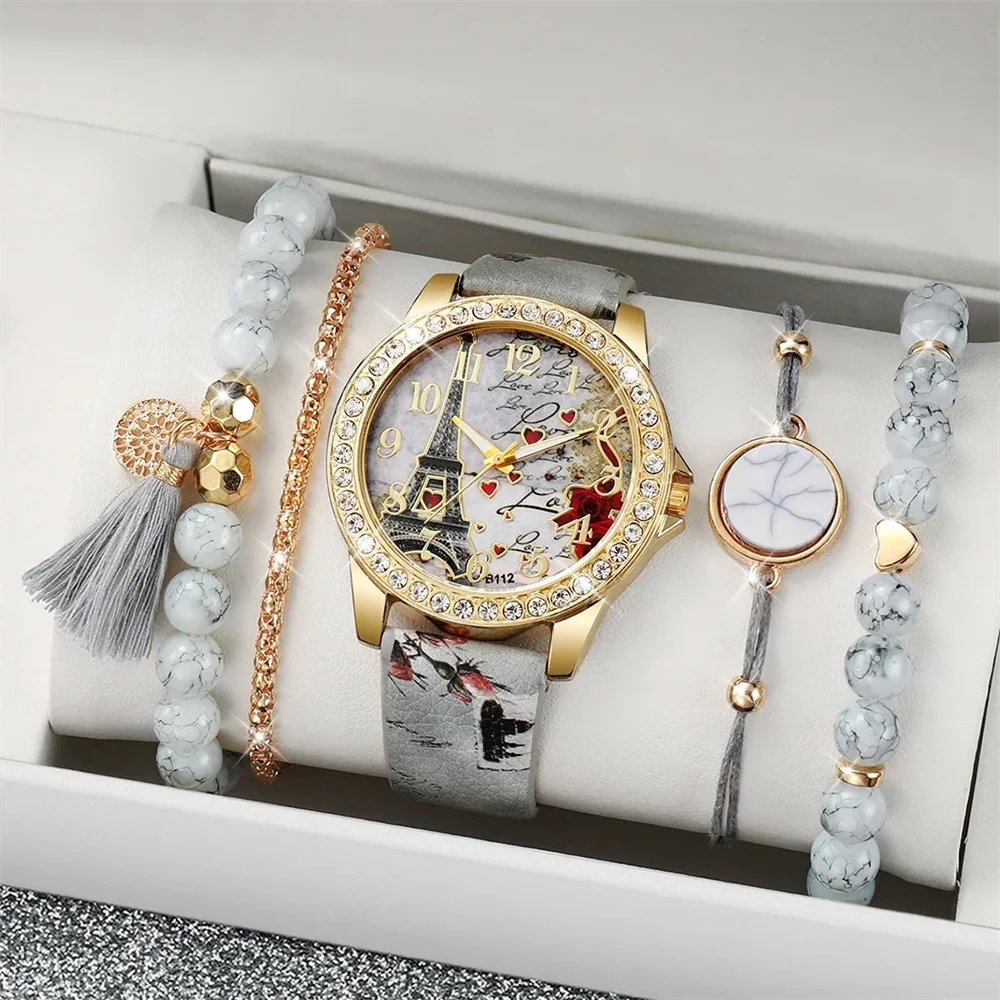 5 Pçs/set Moda Feminina Relógio Europeu e Americano Clássico Retro Relógio de Quartzo com Conjunto de Pulseira de Frisado Requintado