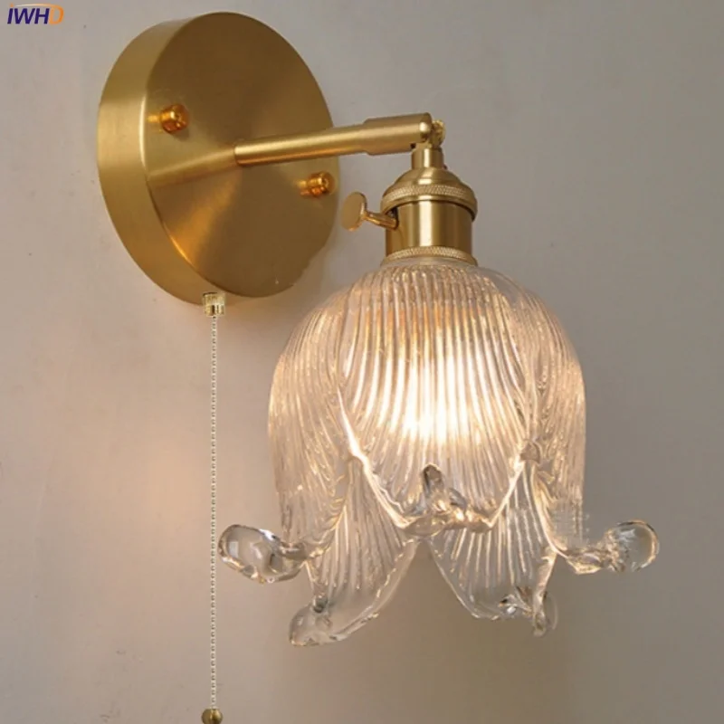 IWHD lampu dinding LED saklar rantai tarik, lampu dinding dekorasi rumah kaca bening Vintage putar atas lorong restoran