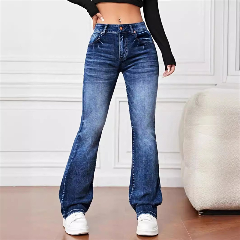 Mulheres novo casual micro flares jeans vintage meados de cintura botão splice denim calças femininas escritório commuter tendência streetwear