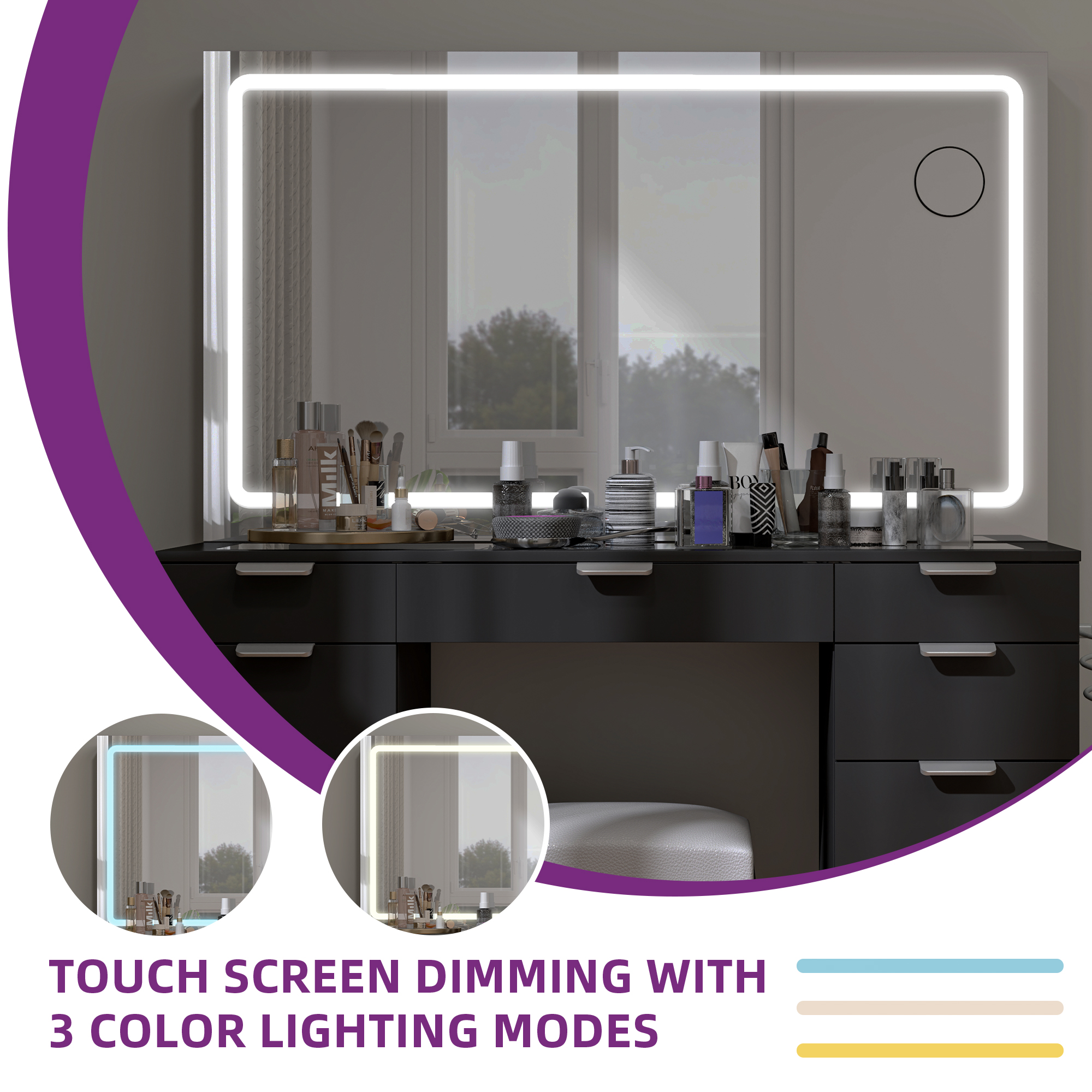 YITAHOME White LED Vanity Table Glass Top Makeup Desk with Large Mirror 11 Storage Drawers and Stool