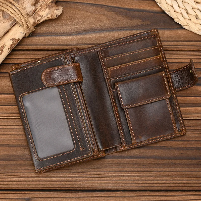 Cartera de cuero genuino de alta calidad para hombre y mujer, billetera corta de cuero genuino RFID con múltiples ranuras para tarjetas, monedero con botones para hombre