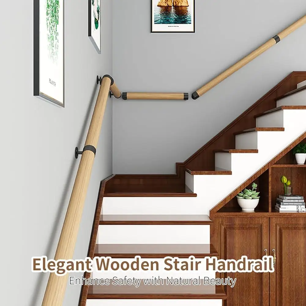 3FT Wooden Safety Handrail Sturdy Wall-Mount Support Non-Slip Elderly Children Easy Installation Indoor Outdoor Use