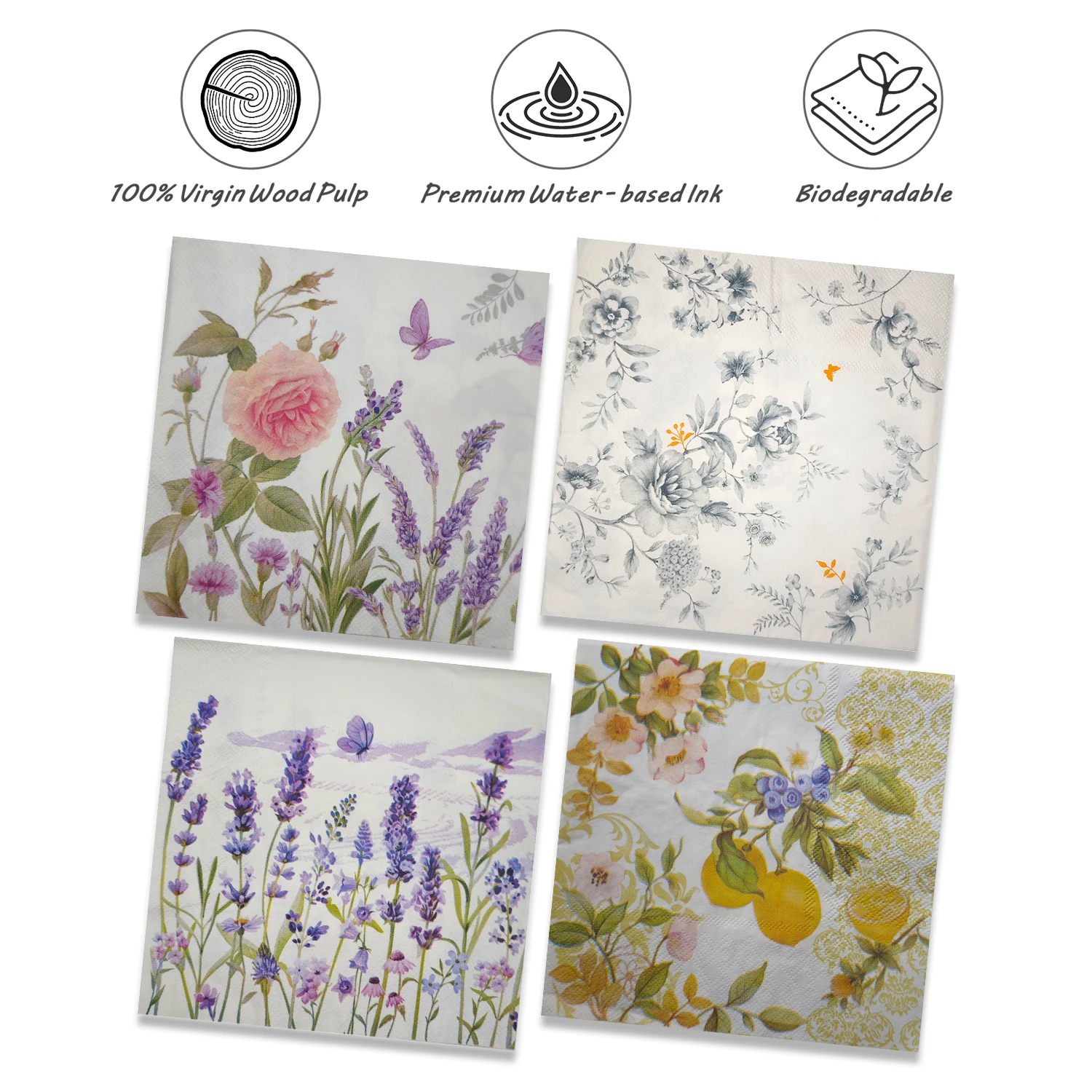 20 piezas ramo de rosas y lavanda, mariposa, limón, surtido de servilletas de papel decorativas florales para cóctel, 33x33cm, servilletas para decoupage de 3 capas
