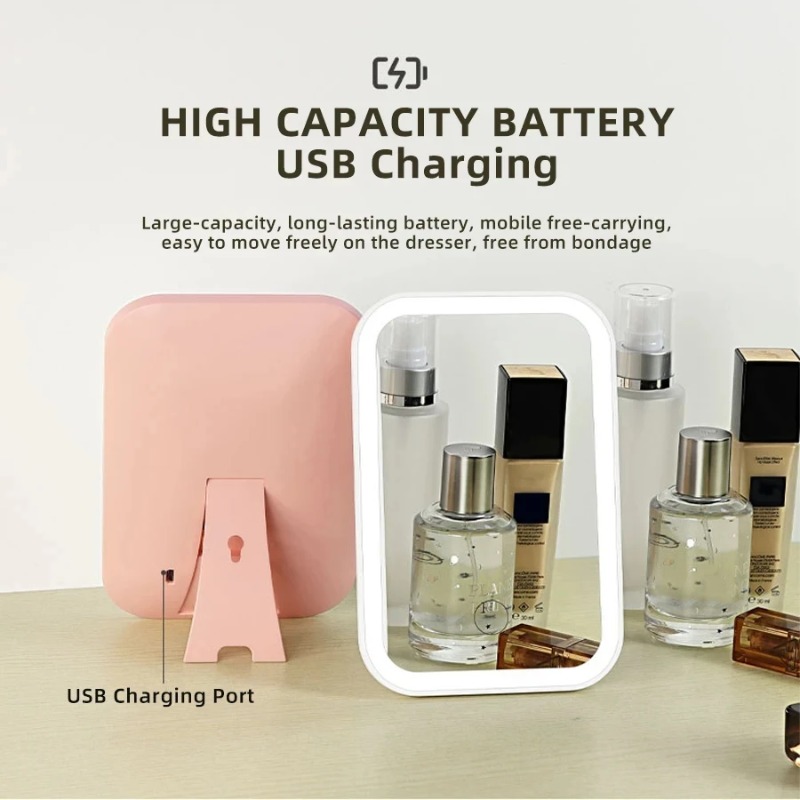 Espejo de maquillaje con pantalla táctil LED, espejo plegable, espejo de maquillaje iluminado, 3 modos de luz de colores, herramientas de espejo cosmético recargable por USB