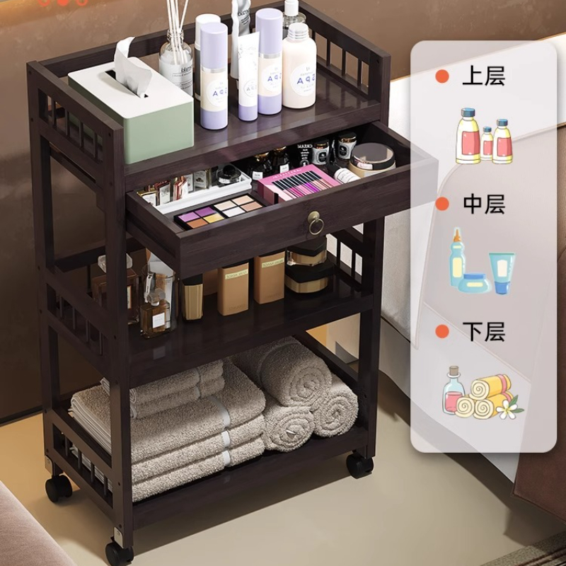 Bamboo Beauty Salon Rolling Cart Mobile Nail Hair Styling Tool Organizer for Spa Barber Shop Storage Trolley Home Storage Rack