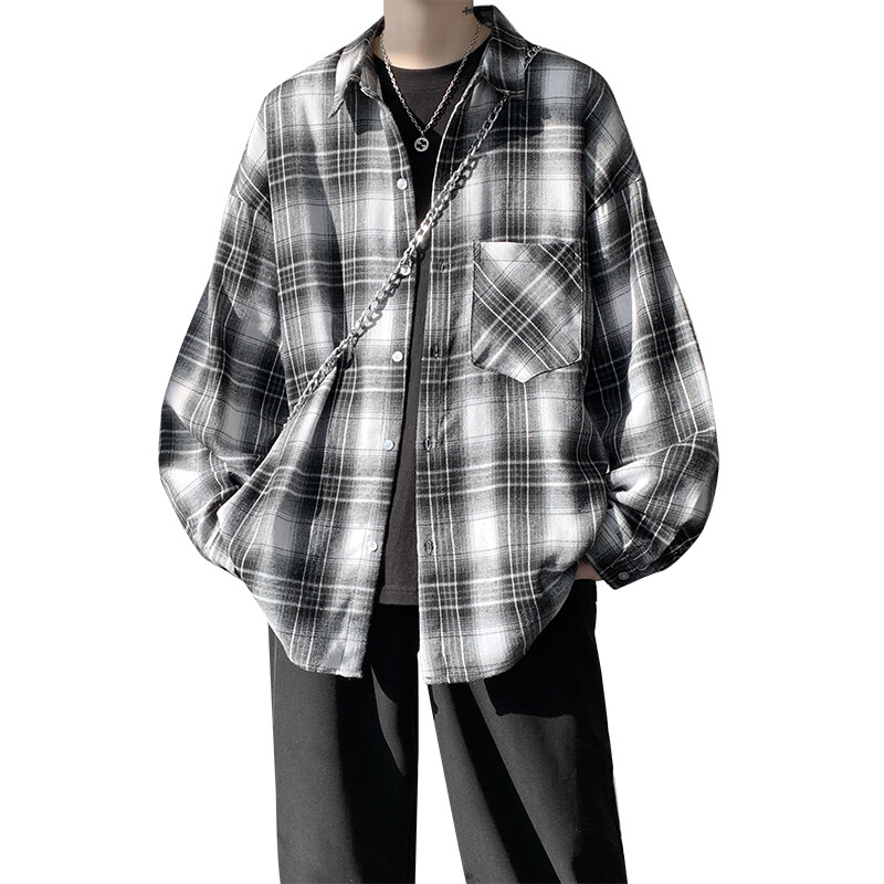 Camisas a cuadros de manga larga Harajuku para hombre talla grande M-5XL otoño Chic suelto Vintage High Street All-match Camisa de caballero