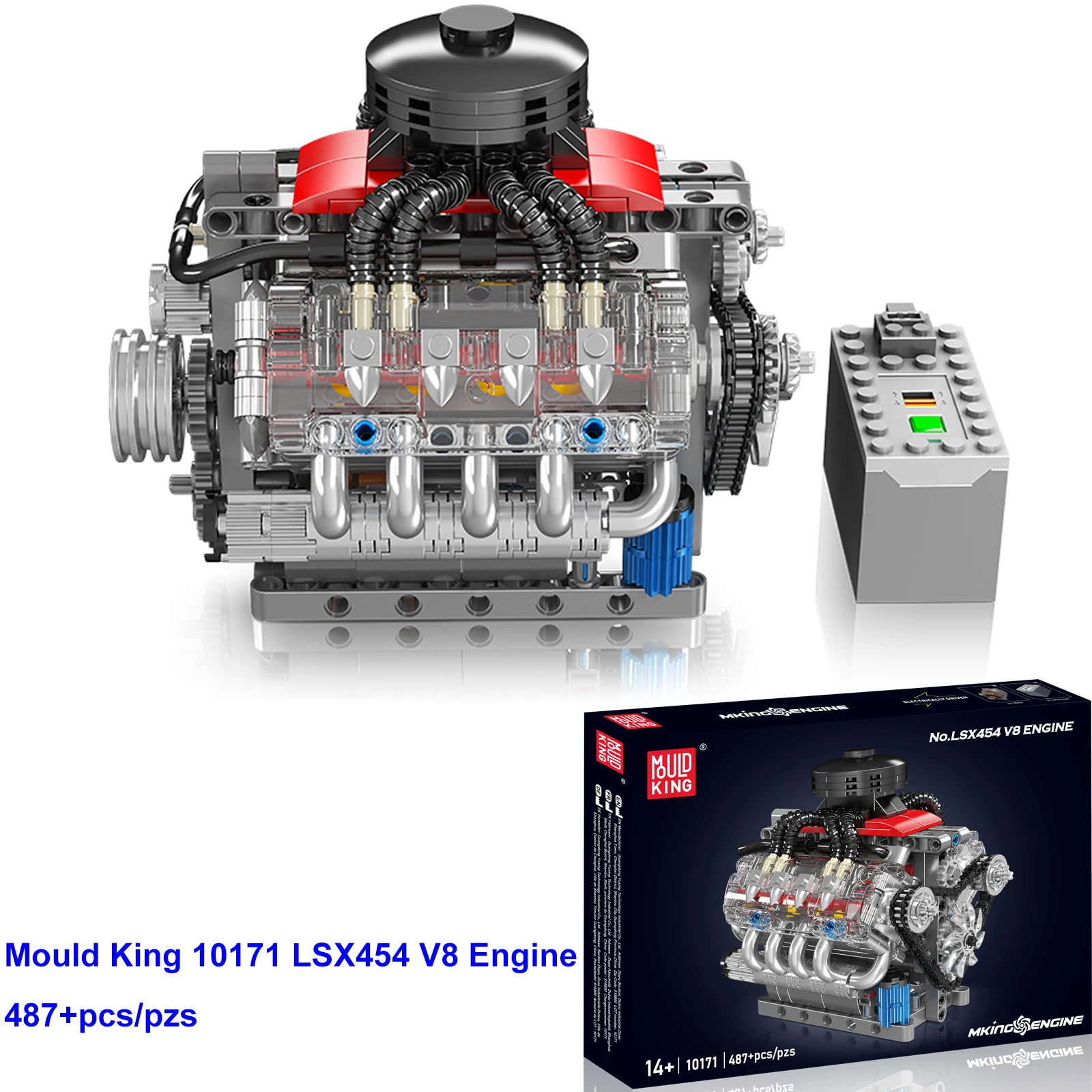 Mould King 10171 V8 Engine LSX454 Building Blocks Sets 8-Cylinder Car Building Engineering Toys for Kids Adults Gift (487+pcs)