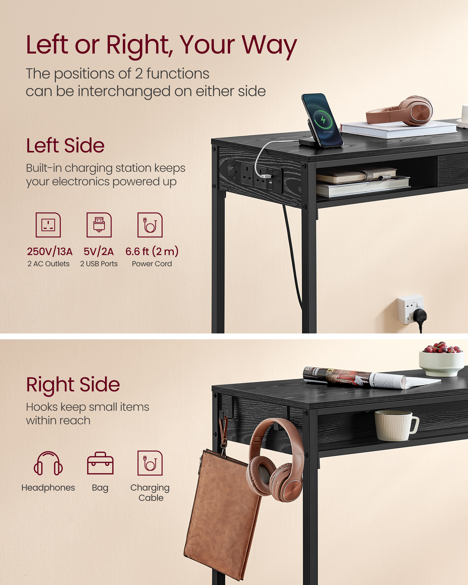 VASAGLE Bar Table, Pub Table with Charging Station and Movable Non-Woven Fabric Drawer, Hooks, 40 x 99.8 x 104.6 cm
