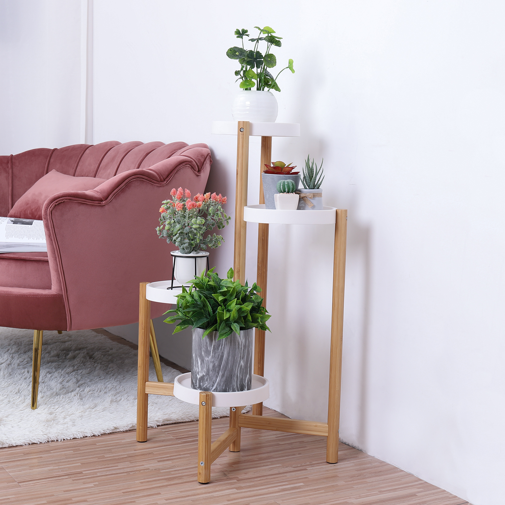 Suporte de planta de bambu de canto interno e externo 3/4/5 camadas plantador redondo suporte de exibição em vaso de flores