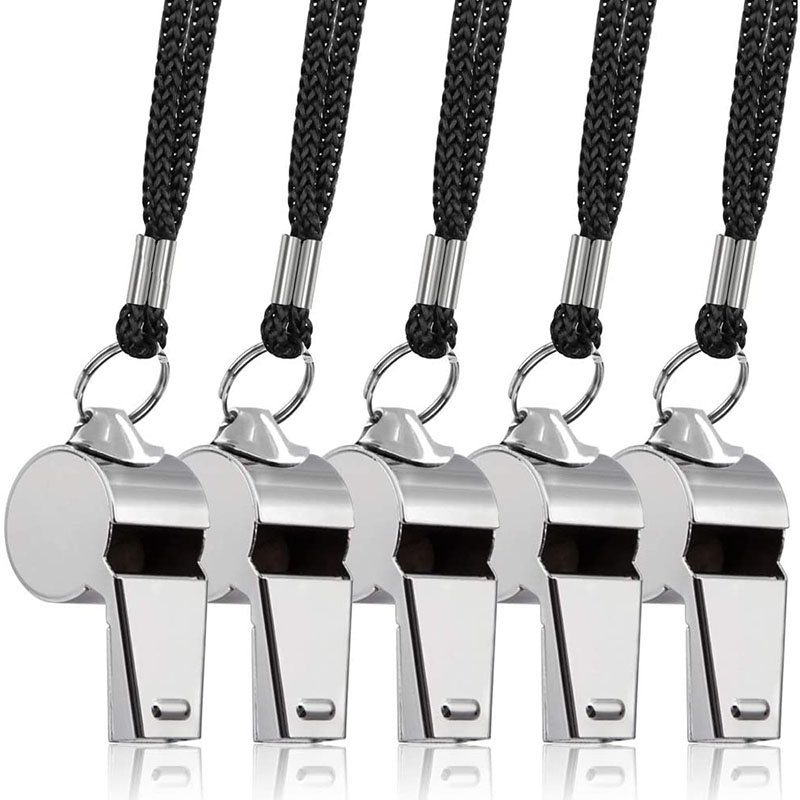 5 pacotes de apito de aço inoxidável, apitos de metal altos com cordão, árbitro profissional, treinadores, salva-vidas, sobrevivência, esporte