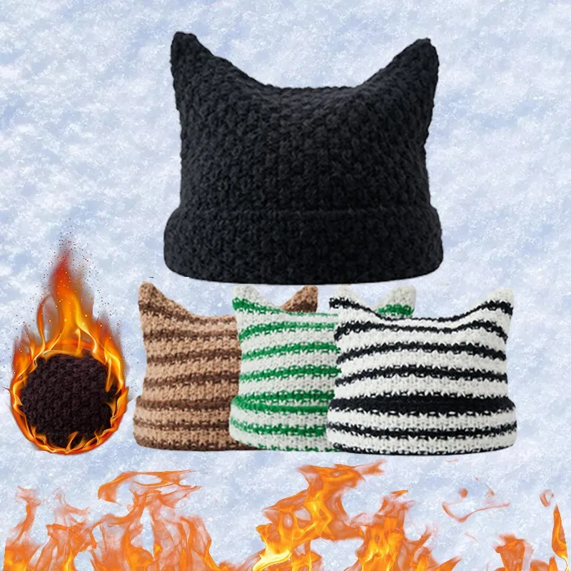 Gorro de lana cálido con orejas de gato, gorro de punto a rayas, grueso al aire libre, frío, versátil, para pareja, Otoño e Invierno