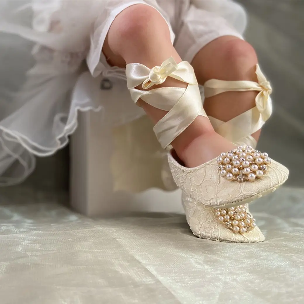 Elfenbein Spitze Taufe Mädchen Schuhe Fotografie Blume Baby Glitzer Perlmutt Blumen Schuhe Weiche bequeme Säuglingsschuhe