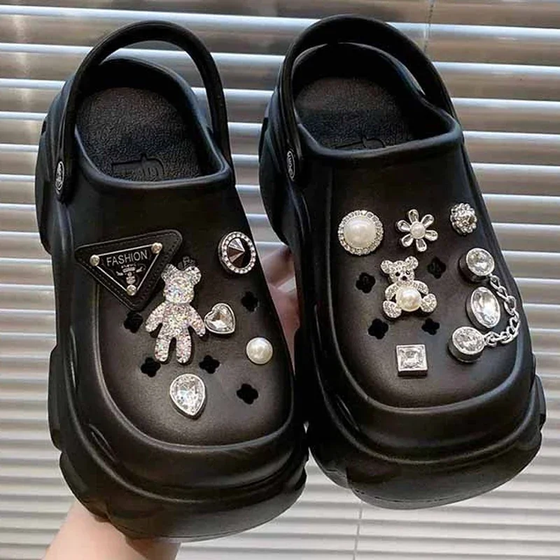 Bling ไข่มุกเพชรน่ารักหมีตกแต่ง Vented Clogs สไลด์ 7 ซม.แพลตฟอร์มรองเท้าแตะชายหาดกลางแจ้งสาวฤดูร้อนรองเท้าแตะผู้หญิงรองเท้า