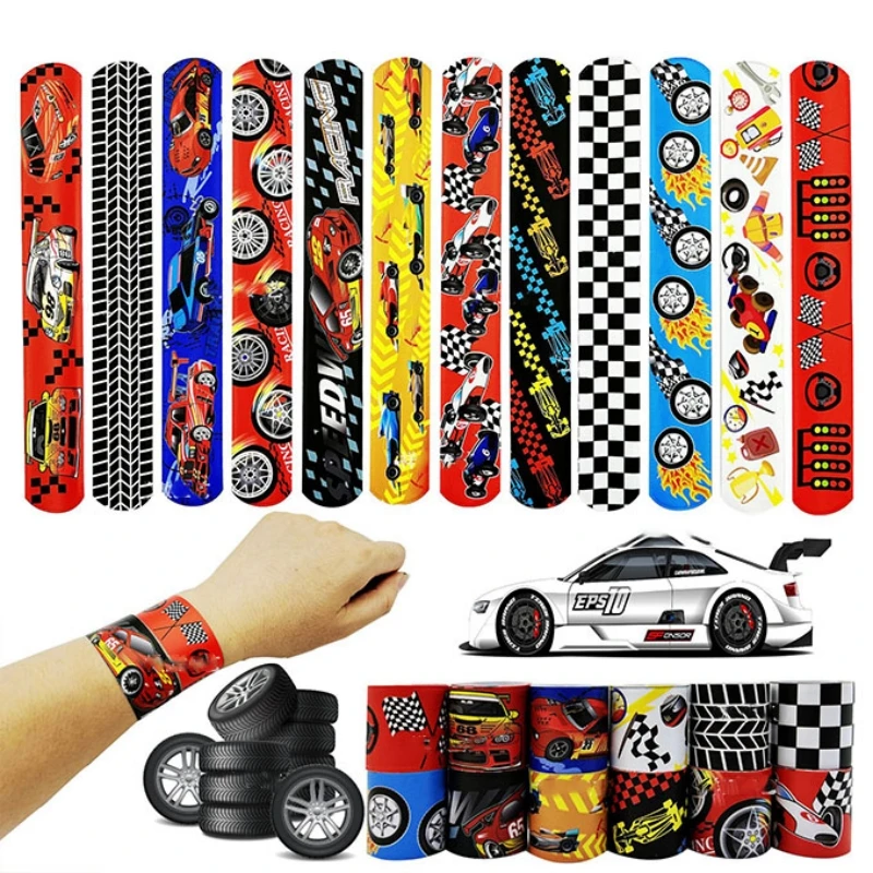 12 Uds. Pulseras de bofetadas de coches de carreras, regalo, decoración de fiesta de coches de carreras, regalos de fiesta de cumpleaños con tema de coches de carreras para niños felices