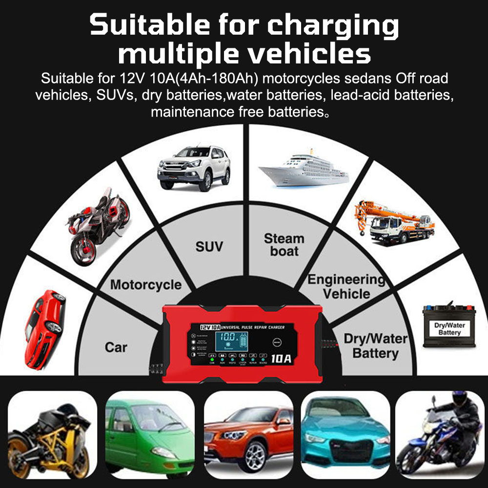 Carregadores de bateria de automóvel 12v 10a ferramenta de reparo de pulso inteligente para ferro baterias de chumbo-ácido de lítio carregadores de carro de célula de armazenamento