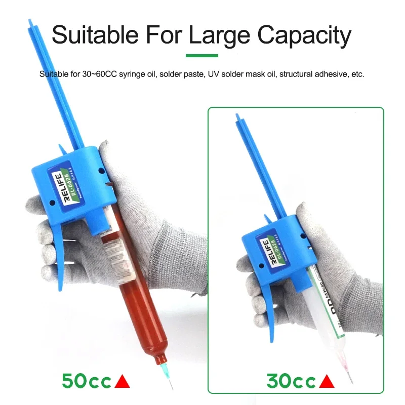 RELIFE-pistola de pegamento Manual, dispensador de flujo de soldadura, pasta de soldadura de aceite, refuerzo de aguja UV, herramienta de propulsión Universal, 10CC, 30-60CC