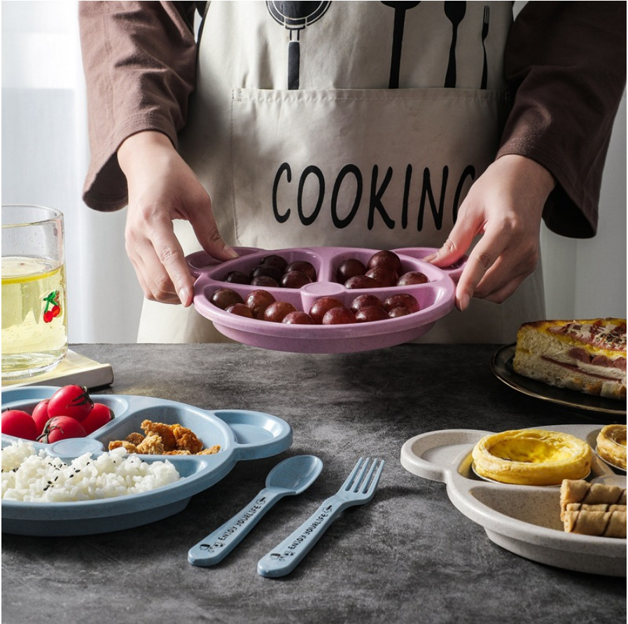 Trigo Palha Dinner Plate Set, Compartimento Infantil, Jardim de Infância Estudante Urso Louça, Lunch Box, 3pcs