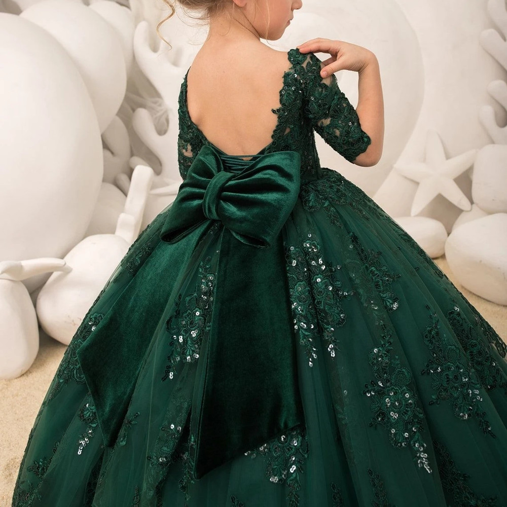 Smaragdgrüne lange Prinzessin Blumen mädchen Kleider Applikationen Bogen Tüll halbe Ärmel Hochzeits feier Ballkleid Geburtstag Festzug Robe
