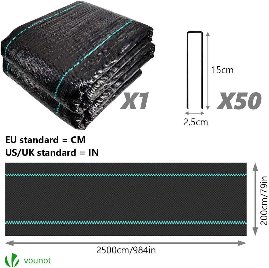 Malla Antihierbas con 50 Clavijas de Jardín, Tela Geotextil para Control de Maleza, 2 m x 25 m, 100 g/m2, Resistente a la