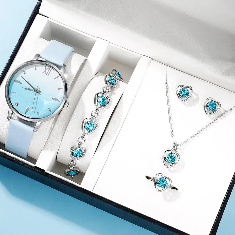 6 ชิ้นชุดแฟชั่นผู้หญิงนาฬิกาข้อมือสีฟ้า Rhinestone ควอตซ์นาฬิกาสายหนังสุภาพสตรีชุดสร้อยข้อมือนาฬิกาชุดของขวัญ