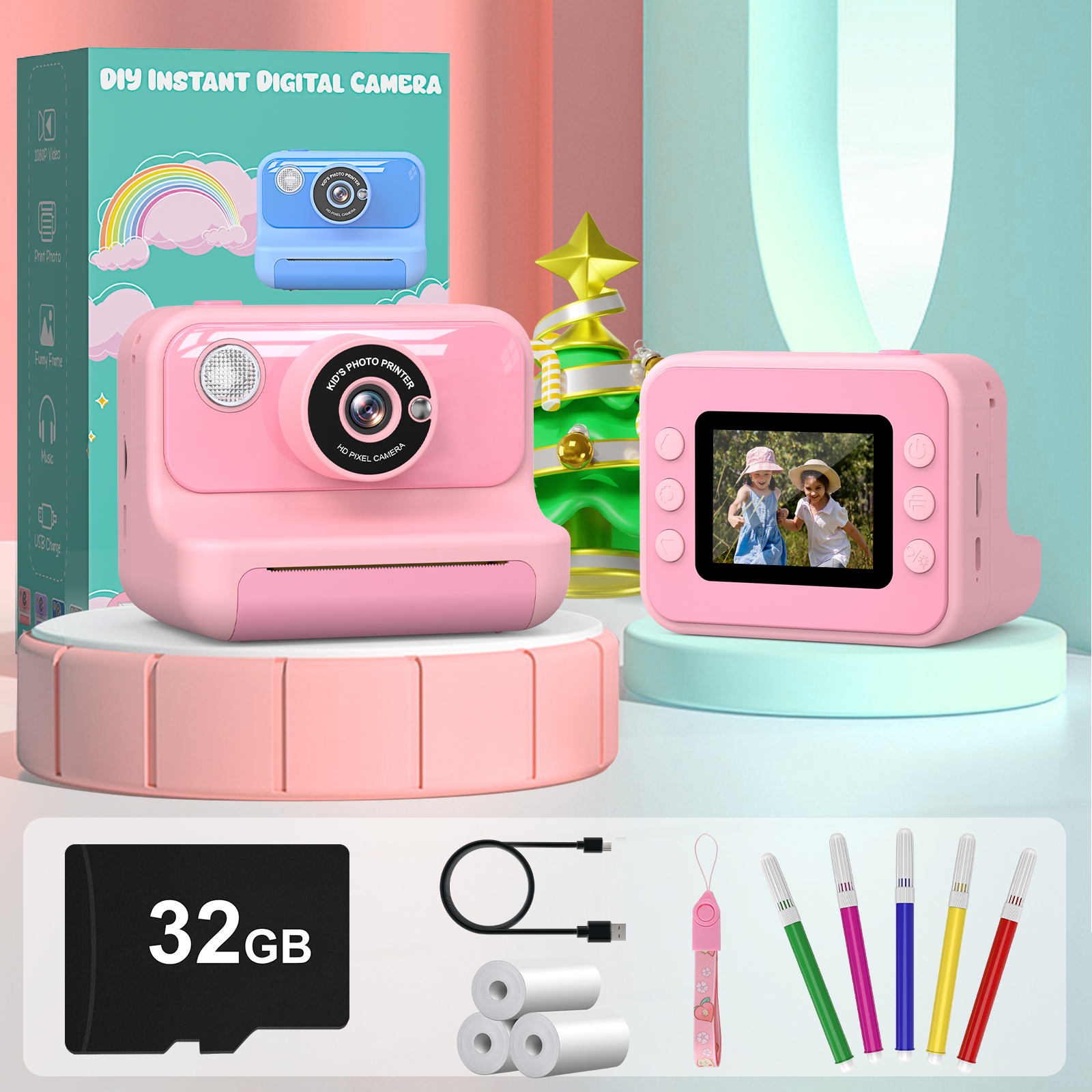 Gofunly enfants caméra à impression instantanée 2.4 pouces Mini appareil photo numérique 1080P HD caméra d'impression thermique jouet pour enfants cadeau