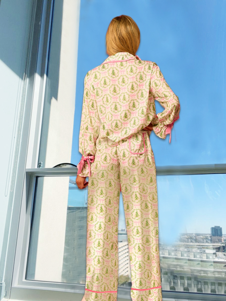 女性用Y2Kピンクリボンパジャマセット,ラウンジシャツセット,お揃いの長袖,かわいいサンタクロースパジャマ,90年代,2個