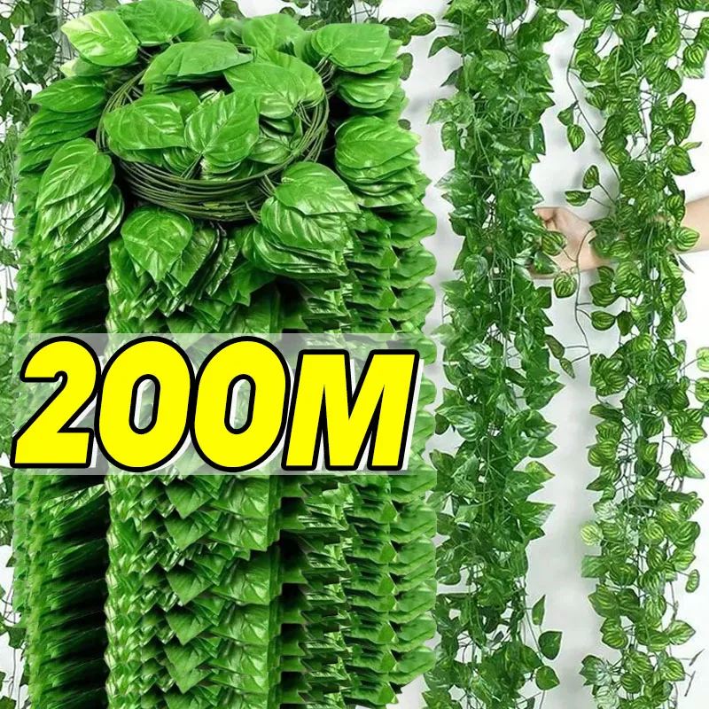 Hoja de hiedra verde Artificial, hojas trepadoras de ratán, guirnalda colgante de vid, plantas de flores falsas DIY para jardín, boda, fiesta, decoración del hogar