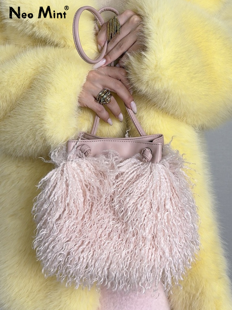 Luxe Kleurrijke Kwasten Harige Trekkoord Emmer Tas Vrouwen Pluche Handtas Harajuku Straat Punk Y2k Hot Meisjes Nepbont Schoudertas